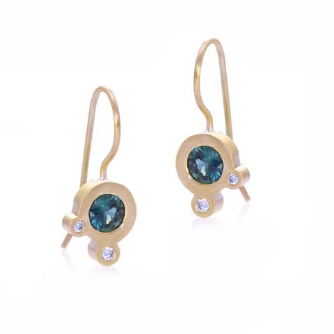 Triple Dot Teal Sapphire Earrings