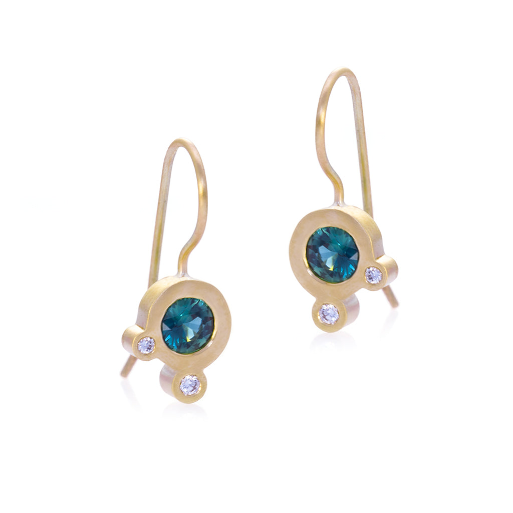 Triple Dot Teal Sapphire Earrings -  READY TO SHIP