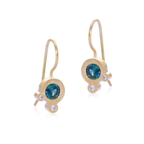 Triple Dot Teal Sapphire Earrings -  READY TO SHIP