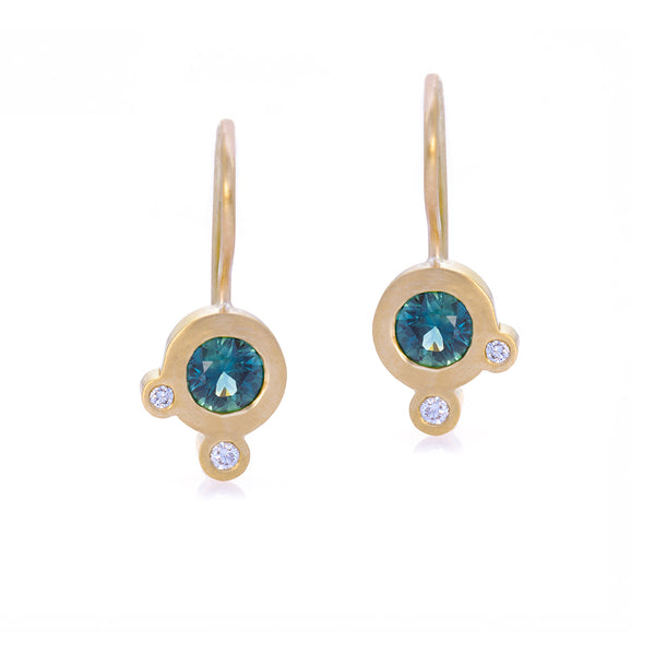Triple Dot Teal Sapphire Earrings -  READY TO SHIP