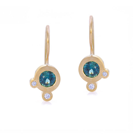 Triple Dot Teal Sapphire Earrings -  READY TO SHIP