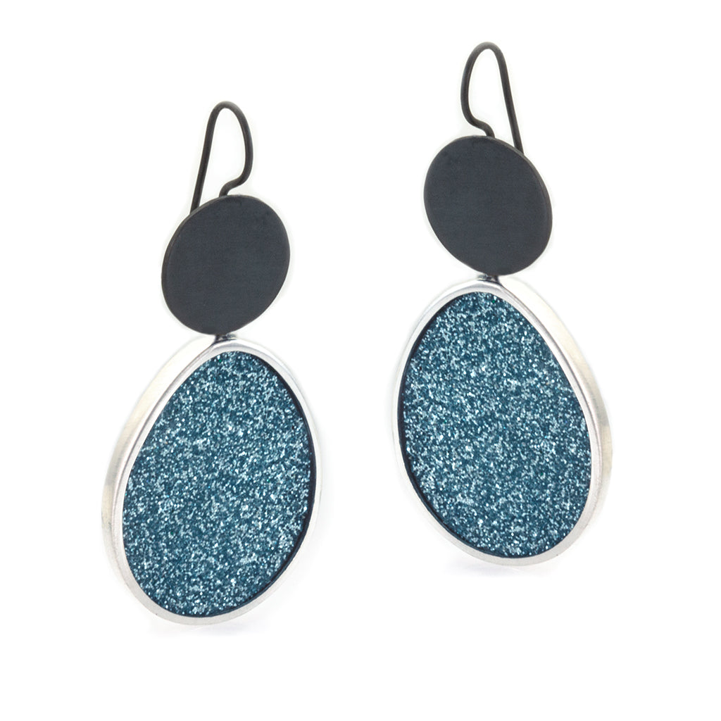 Blue Oval Glitter Earrings